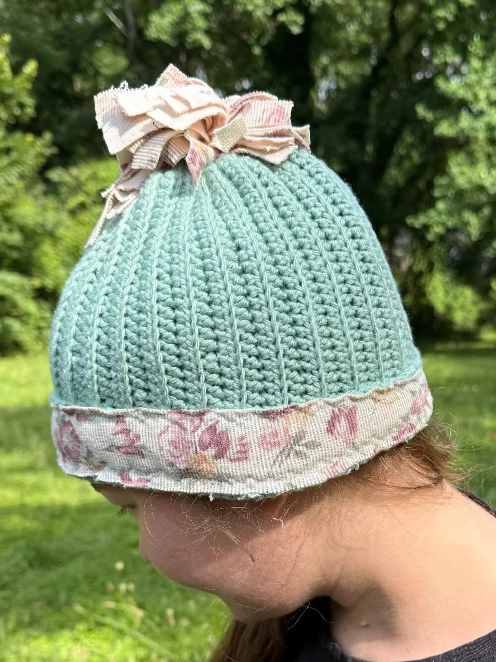 Hand-Crocheted Green Beanie Hat with Upcycled Floral Trim & Scrappy Pom-Pom